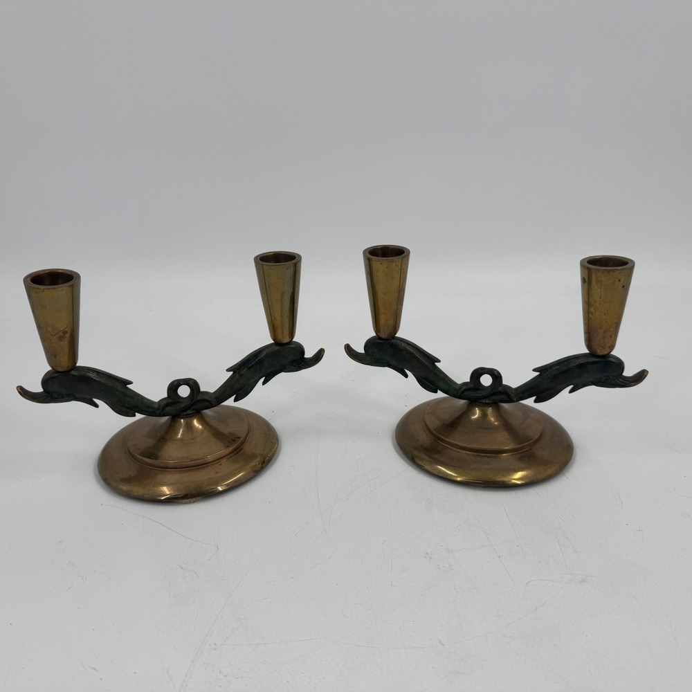 Vintage Bronze Dolphin Candlestick Holders Pair Made‎ in Denmark